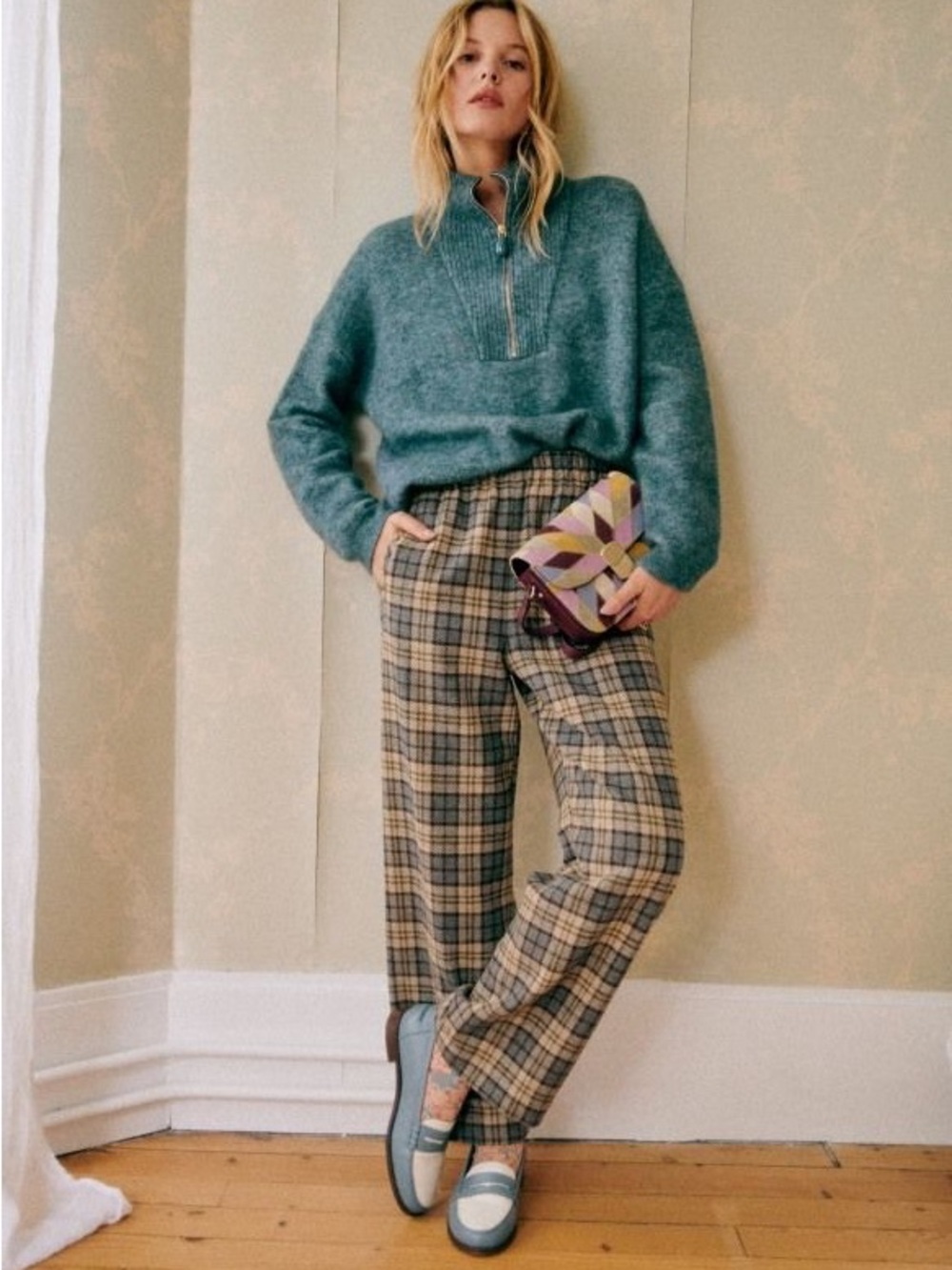 Sezane Joey Pull-on Trousers in Blue and Brown Check NWT